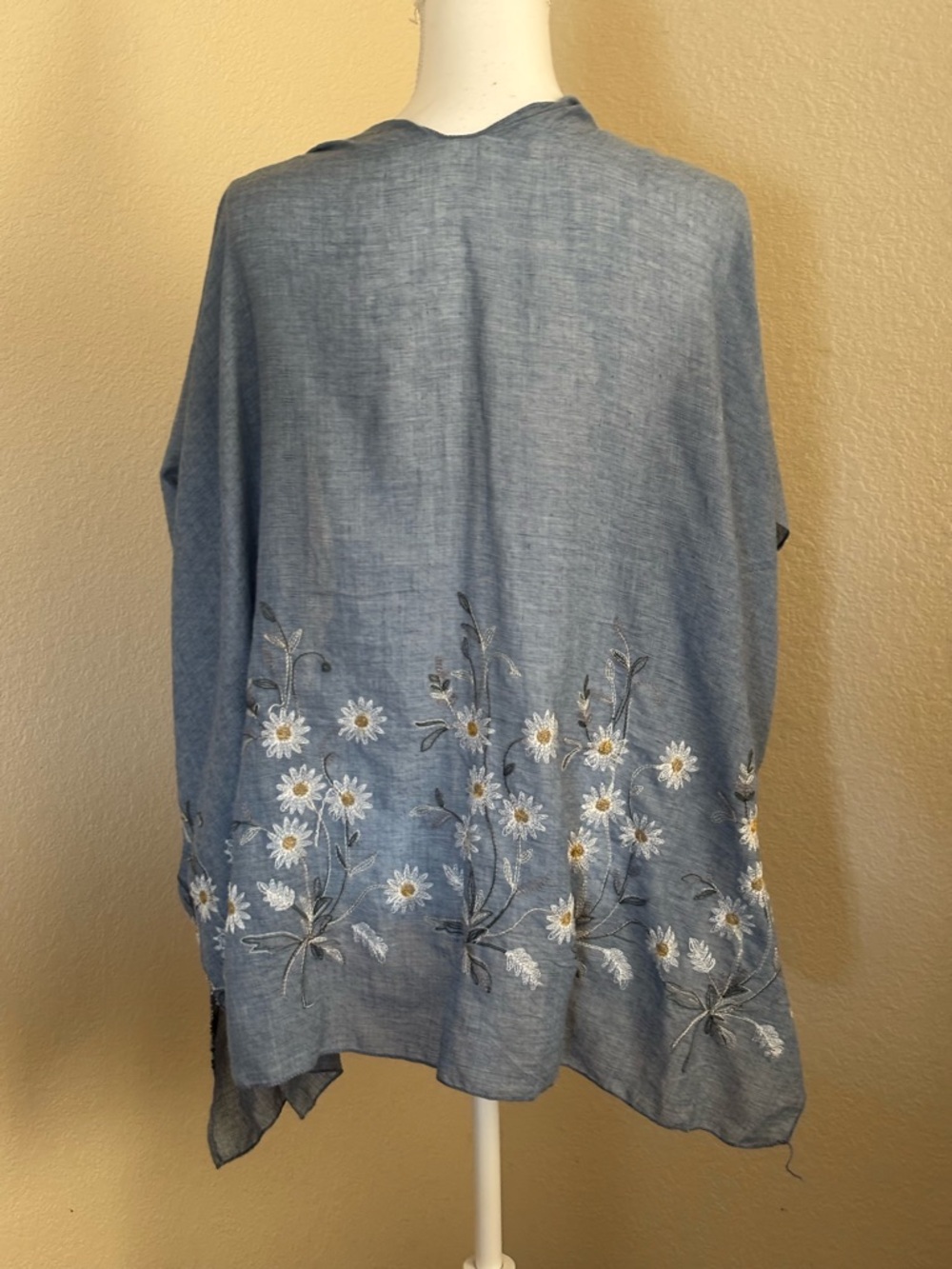 Light Blue Floral Embroidered Open Front Poncho - Picture 6 of 6